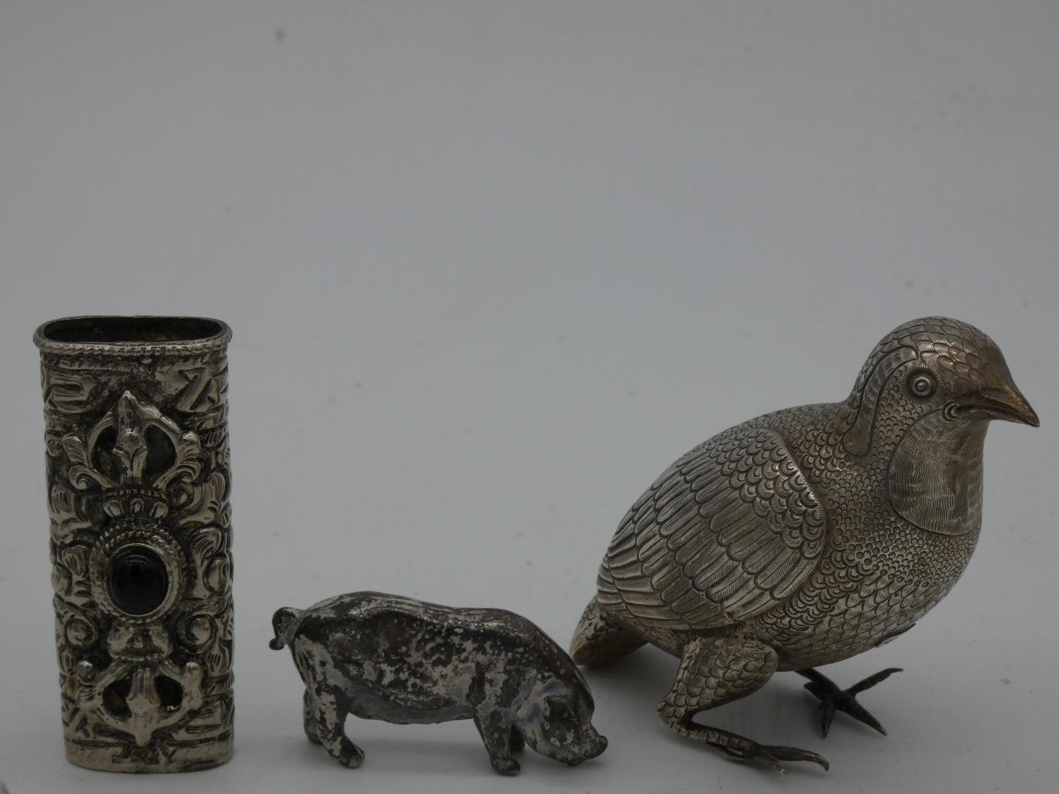 A miscellaneous collection of silver and white metal items, animals etc and a vintage onyx and - Image 4 of 11