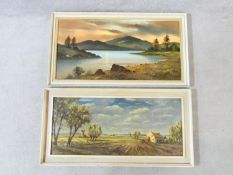 A pair of framed oils on board, landscapes, signed John Stuart. 55x108cm