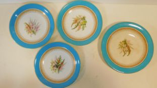 Three 19th century Royal Worcester plates and a comport with pale blue and gilt detailed rims and