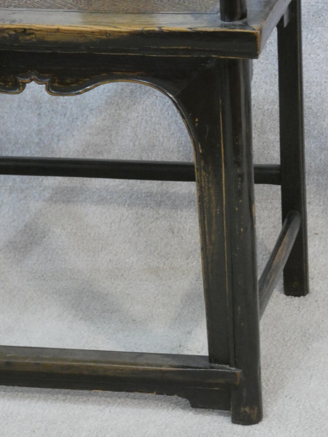 A pair of mid century Chinese hardwood armchairs with carved character marks to the back splats - Image 5 of 6