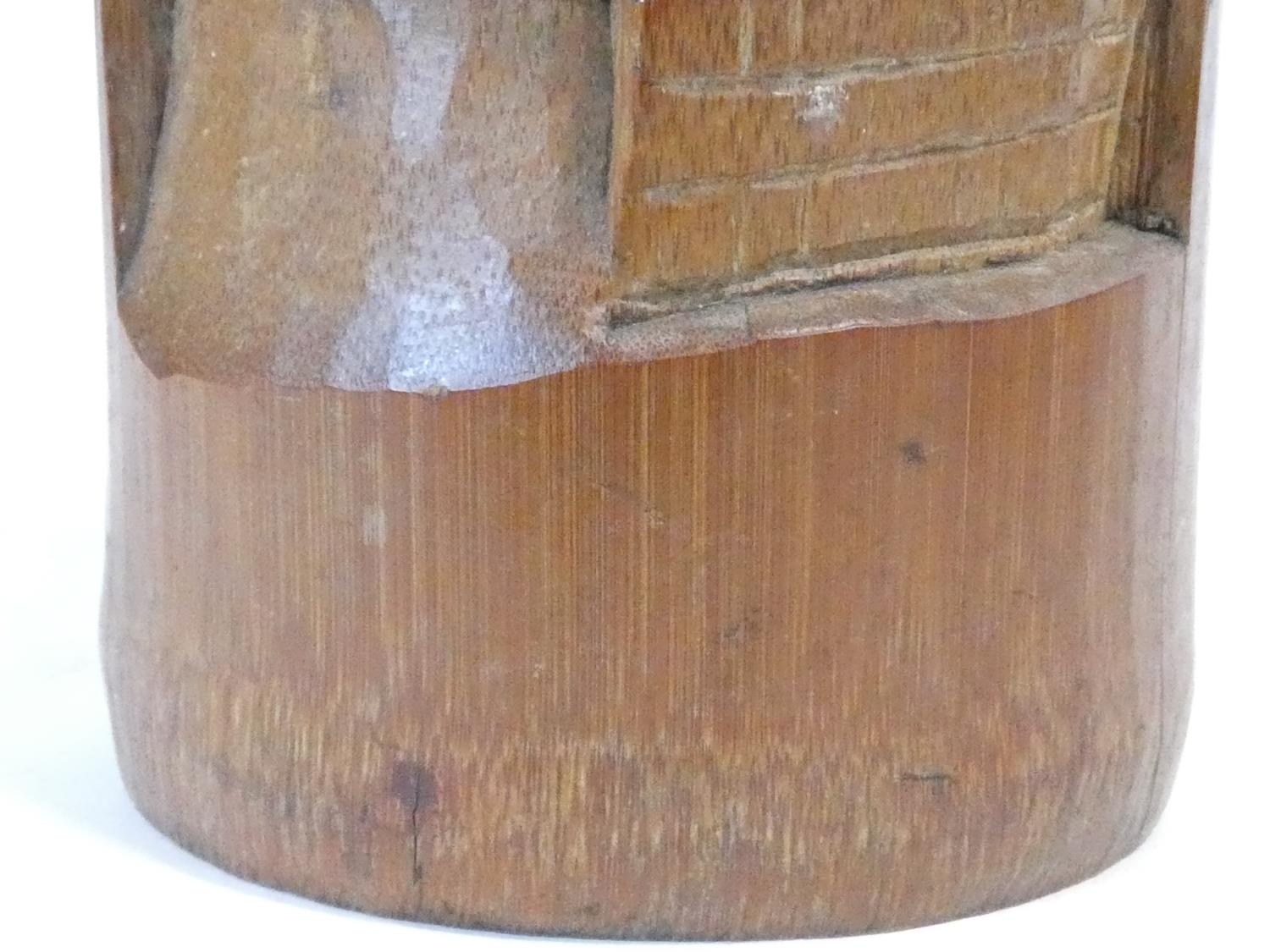 A Chinese carved bamboo brush pot with a village scene and trees. H.26cm - Image 6 of 6