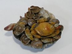 A Chinese carved soapstone sculpture of a seafood platter H.10xW.21xL.18cm