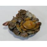 A Chinese carved soapstone sculpture of a seafood platter H.10xW.21xL.18cm