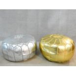 A pair of North African inspired pouffes in gilt and silvered faux leather. H.34 W.50 D.50cm
