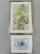 A framed and glazed acrylic, street scene, monogrammed GC and a still life watercolour of flowers.