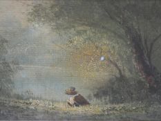 An early 20th century giltwood framed oil on board, pond fishing by a forest, indistinctly signed.