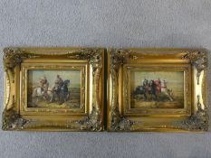 A pair of giltwood framed oils on board, warriors on horse, by R. Wilson. 31x26cm