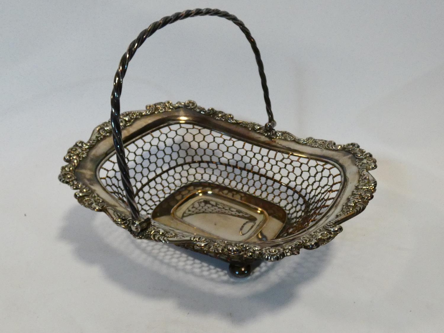 A 19th century silver plated pierced swing handled bread basket along with a silver plated dish - Image 2 of 6