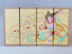 A floor standing Japanese Meiji period hand painted four panel screen. One side with a crane on a