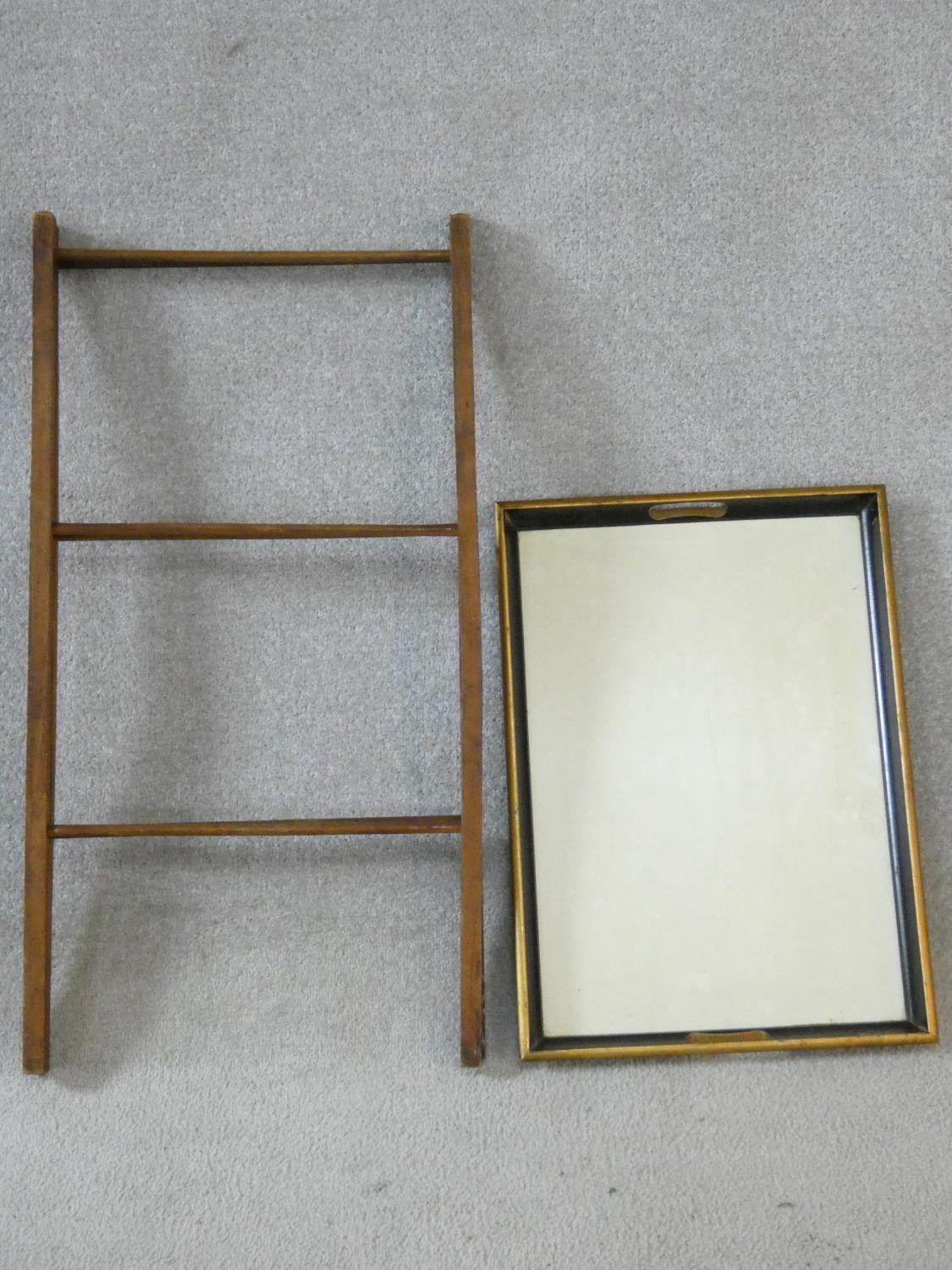 A red painted 19th century butler's tray on a folding stand, a lacquered twin handled tray and a - Image 6 of 8