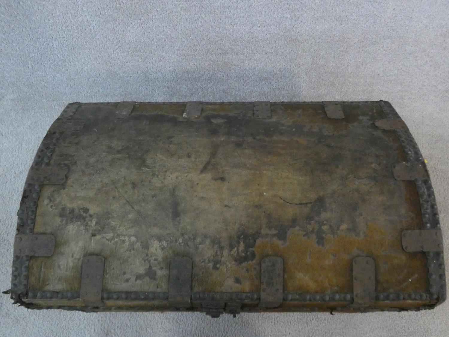 A 19th century iron bound domed top travelling trunk in deer skin hide covering. H.38 W.66 D.39cm - Image 4 of 6