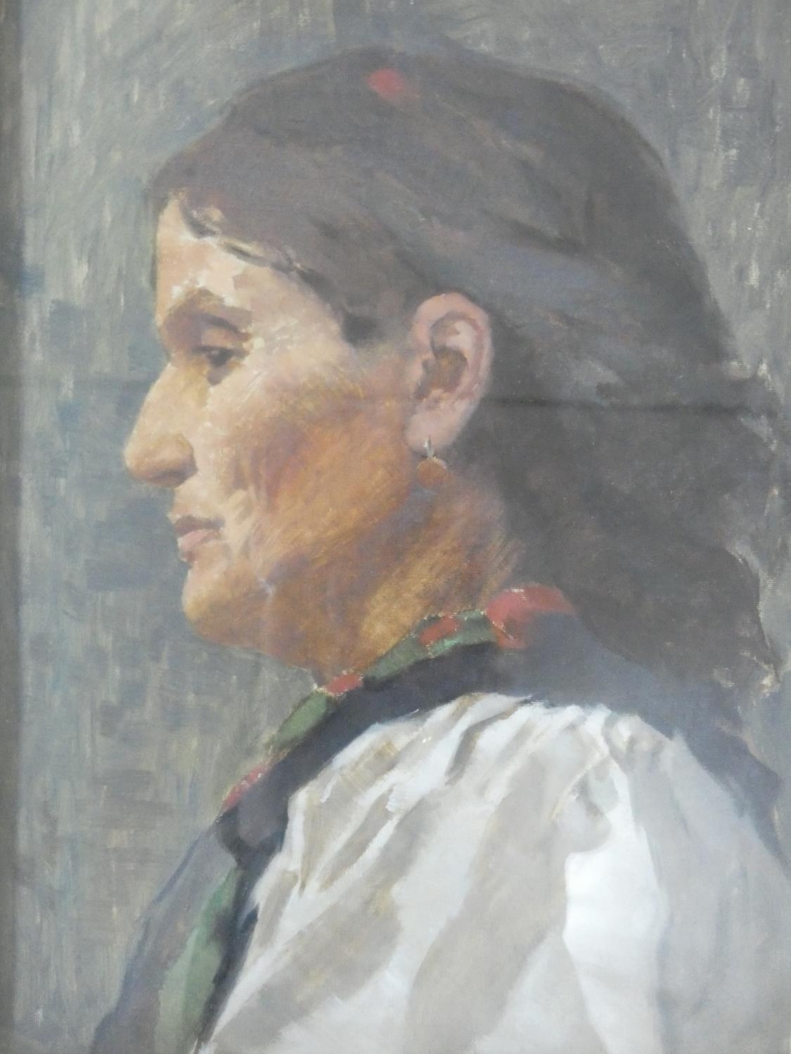 An oil on canvas, portrait profile study, unsigned, oak framed and glazed. H.54xW.44cm