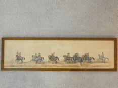 A framed and glazed watercolour, 17th century style cavalry group, unsigned.19x66cm