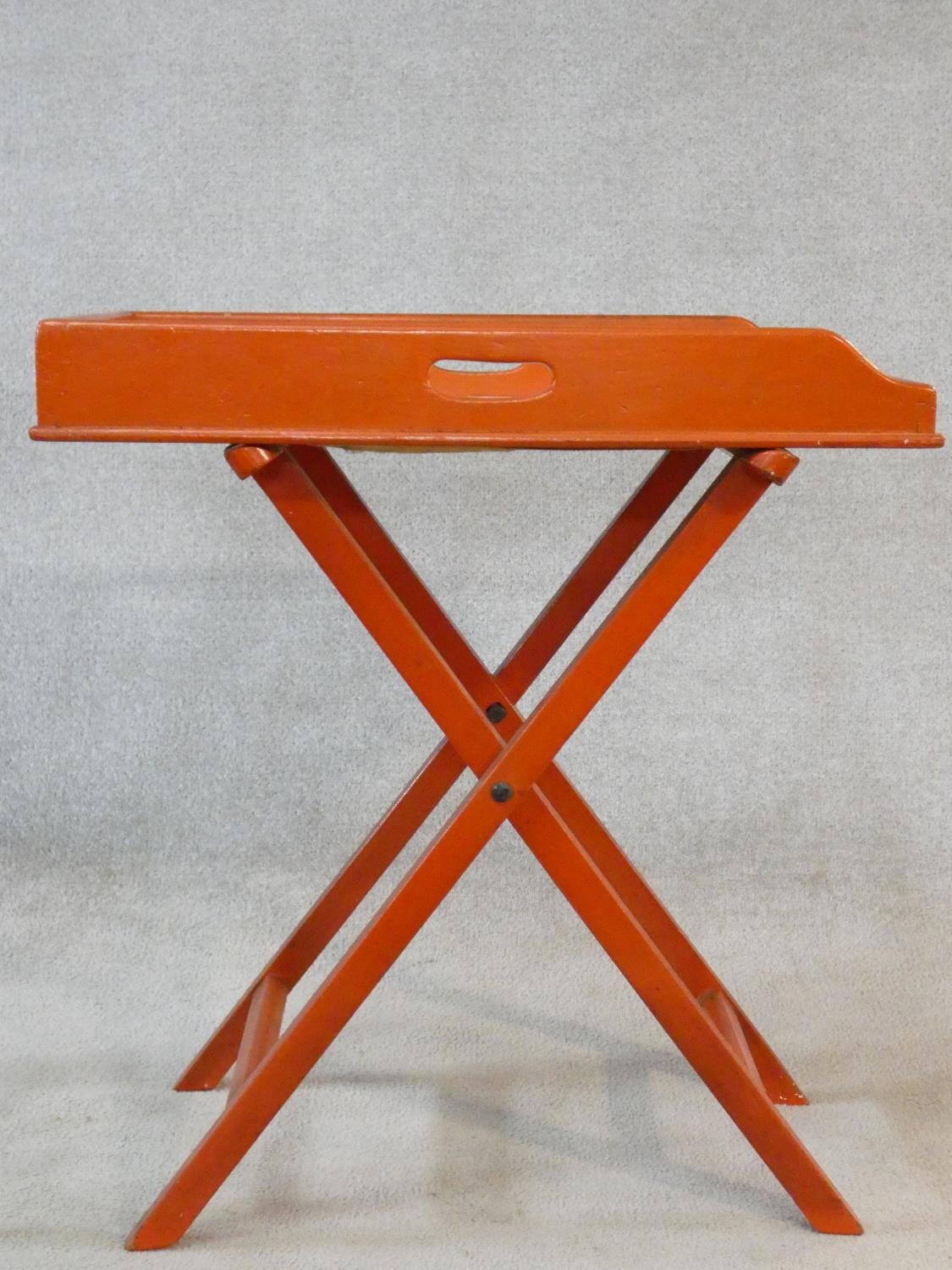 A red painted 19th century butler's tray on a folding stand, a lacquered twin handled tray and a - Image 2 of 8