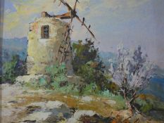 A 20th century oil on board, windmill, indistinctly signed. 36x31cm