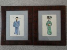 A pair of 20th century rice paper watercolours, man and woman in typical Chinese garments, unsigned.