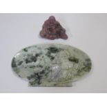 A Chinese rhodonite carved Buddha and a green hardstone lucky bat with carved Buddha. H.29cm