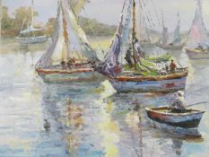 An oil on canvas of sailing boats on the water. Signed Jackson. H.51xW.61cm