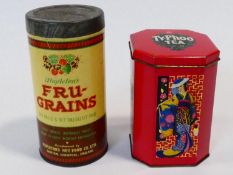 A vintage 1970's Ty-phoo tea Japanese design tin along with a 1920's Mapletons Fru Grains cereal