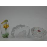 A Mats Jonasson glass flower sculpture, a similar sculpture of a seal cub and a Wychbury cut crystal