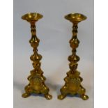 A pair of brass church pricket candlesticks. H.41cm