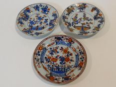 Three 18th century Chinese porcelain hand painted Imari plates. All with floral and foliate designs.