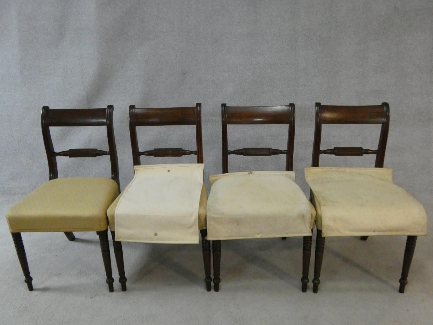 A set of four late Georgian mahogany bar back dining chairs with ebony Greek key pattern inlay above - Image 2 of 7