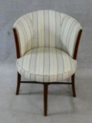 A Edwardian mahogany and satinwood strung tub chair upholstered in Ian Mankin Empire stripe