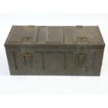 A WW2 metal ammunition box with twin carrying handles and raised numbers and letters 'BLSP, 1943'