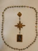 A ceramic glazed and gilded large rosary, with chain link necklace with cube shaped beads. H.39cm