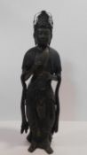 An antique Japanese gilded lacquered carved statue of Kannon with metal engraved headdress. Arms and