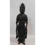 An antique Japanese gilded lacquered carved statue of Kannon with metal engraved headdress. Arms and