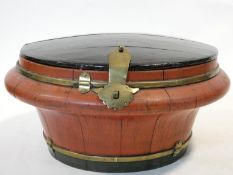 An Oriental wooden lacquered lidded wedding/rice box with brass banding and catch. H.15xW.31xL.31cm