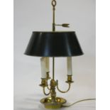 A vintage brass three branch desk lamp with Toleware style shade. H.66cm