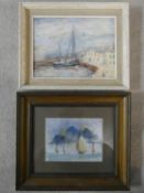 A watercolour of racing sailing ships signed C Squires and an oil on panel of a ship at dock,