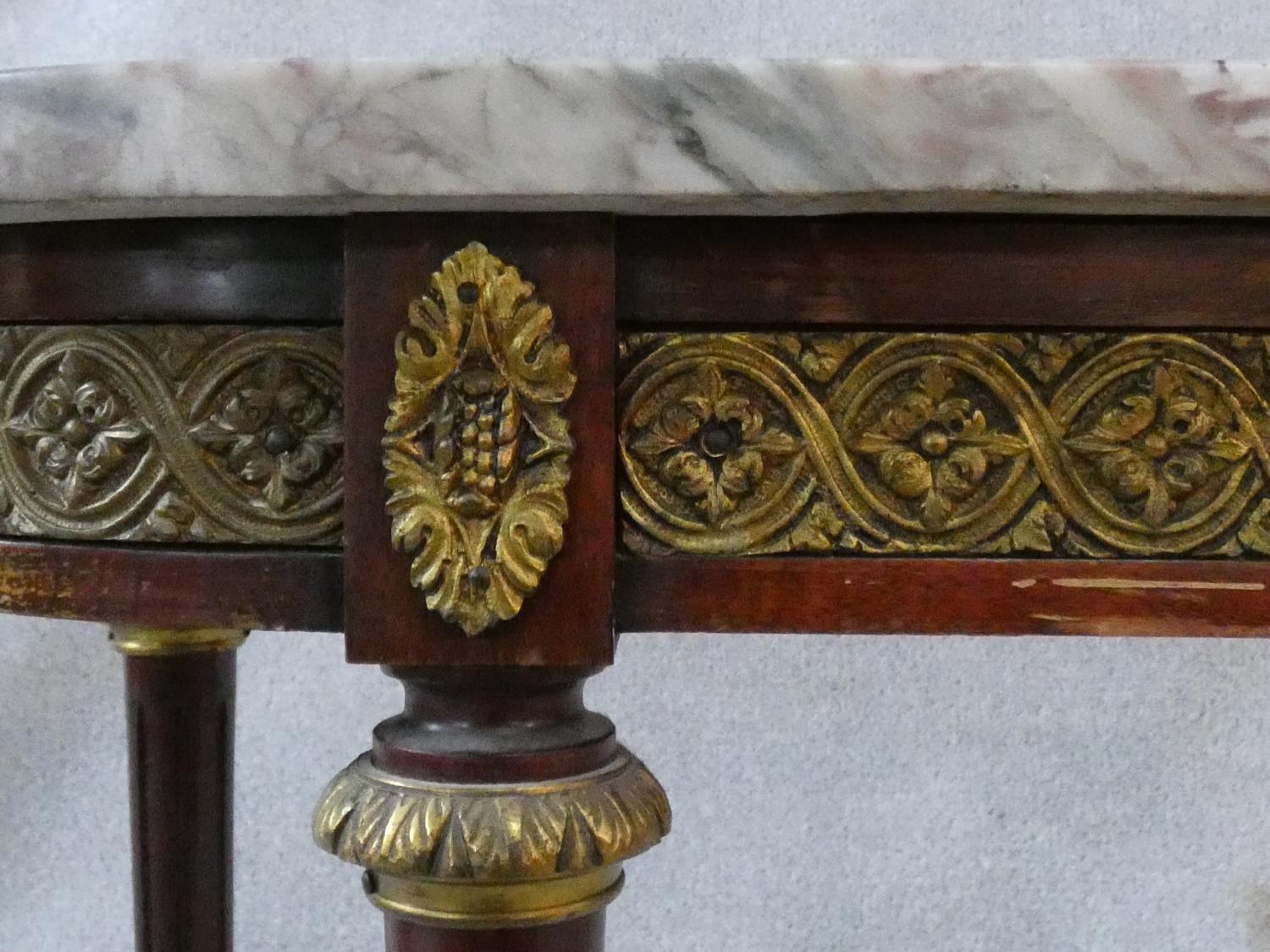 A Louis XVI style mahogany console table with grey veined marble top and ormolu mounts to the frieze - Image 7 of 10