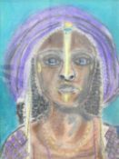 A framed and glazed pastel of a tribal woman in a traditional head dress. 63x53cm