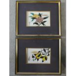 A pair of framed and glazed Oriental flower and fruit studies painted on ceramic tiles, signed and