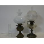 A 19th century oil lamp with etched shade and glass reservoir, Messenger No. 2 Duplex Patent and a