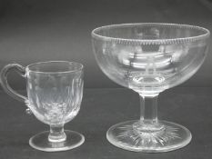 A 19th century petal faceted handled posset glass along with a cut rim stemmed ice cream bowl with