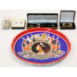 A collection of vintage jewellery and a royal memorial tray. Jewellery includes a pair of white