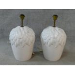 A pair of glazed table lamps of bulbous form with leaf decoration. H.50xD.26cm