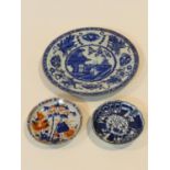 Three 18th century Chinese porcelain hand painted export ware dishes. One Kangxi style plate with