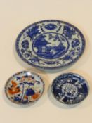 Three 18th century Chinese porcelain hand painted export ware dishes. One Kangxi style plate with