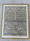 A framed and glazed Warli Indian Folk Art painting of village life within decorative stylised