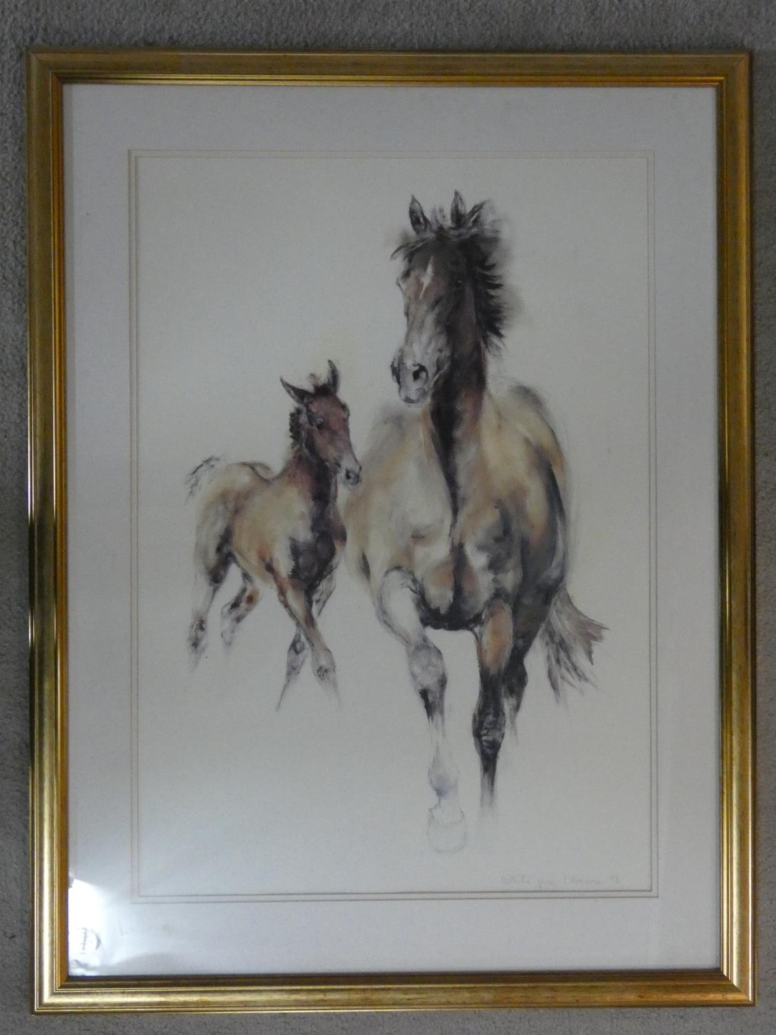 A framed and glazed artist's proof print by artist Lydia Kiernan, a mare and her foal, signed and - Image 2 of 4