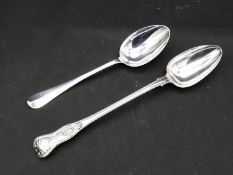 A Dutch silver dessert spoon, 1949, Bonebakker and a King's pattern silver plated spoon. L.26cm