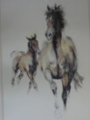 A framed and glazed artist's proof print by artist Lydia Kiernan, a mare and her foal, signed and