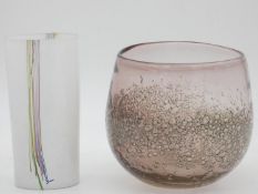 A signed white glass Kosta Boda vase with coloured cane glass decoration, along with another