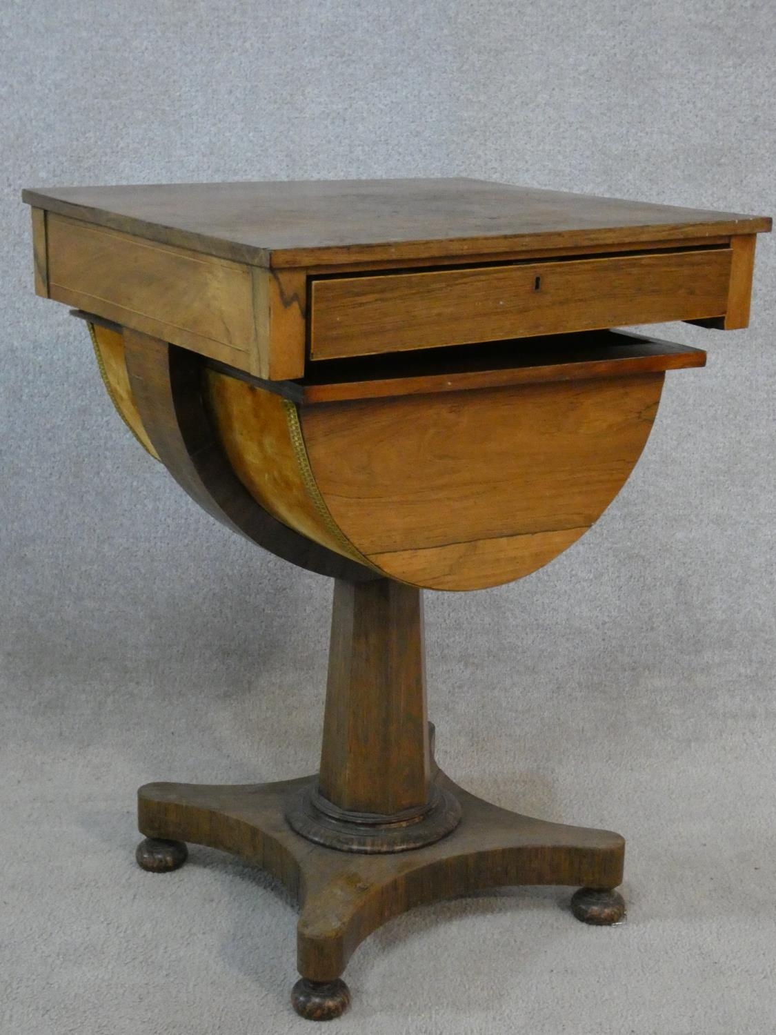 A mid 19th century rosewood sewing table with slide out baize lined work surface and basket - Image 2 of 6